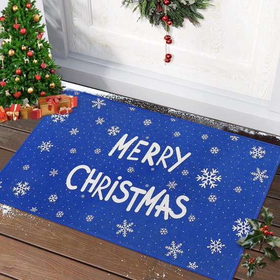 Antislip deurmat voor keuken slaapkamer woonkamer vloermat kerst decoratieve deurmat welkom deurmat binnen en buiten tapijten wit bedrukt Merry Christmas blauwe deurmat 40 x 60 cm
