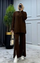 SOCKSTON- Tweedelig pak voor dames -dames gebreide broek en trui met ritssluiting - Bruin tuniek en broek