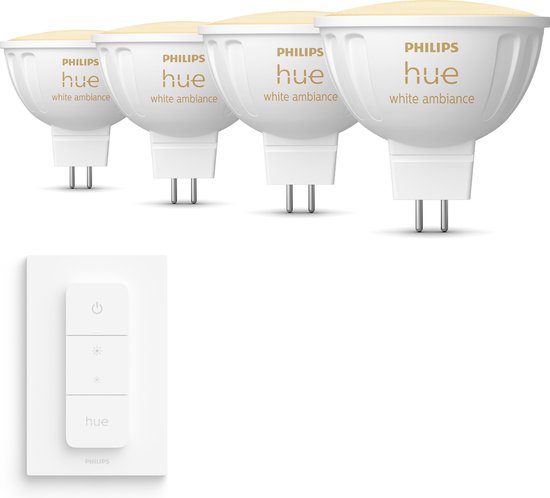 Philips Hue Uitbreidingspakket White Ambiance GU5.3 - 4 Hue Lampen en Wall Switch - Eenvoudige Installatie - Werkt met Alexa en Google Home