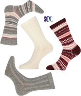 SOX superzachte warme fijne Noorse wollen sokken met Scandinavische wintertekeningen Bordeaux/ Grijs en effen Ecru/ Grijs 4 PACK 37/42