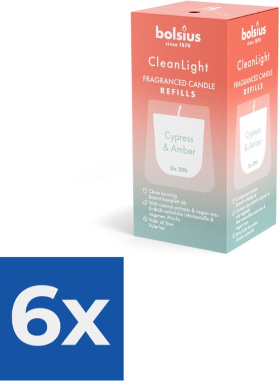 Bolsius Clean Light Fragranced Refills Cypress & Amber 2ST - Voordeelverpakking 6 stuks