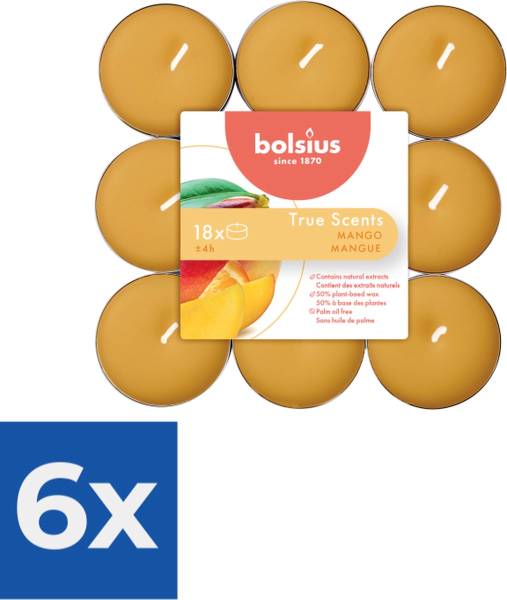 Bolsius Geurtheelichtjes 'True Scent' (18 stuks- 4 branduren per theelichtje- mango) Voordeelverpakking 6 stuks