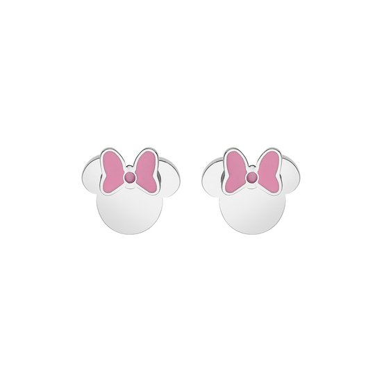 Disney 4-DIS042 Boucles d'oreilles Minnie Mouse - Clips d'oreilles - Bijoux Disney - 7,6x8,1 mm - Acier - Hypoallergénique - Émail - Rose - Couleur argent