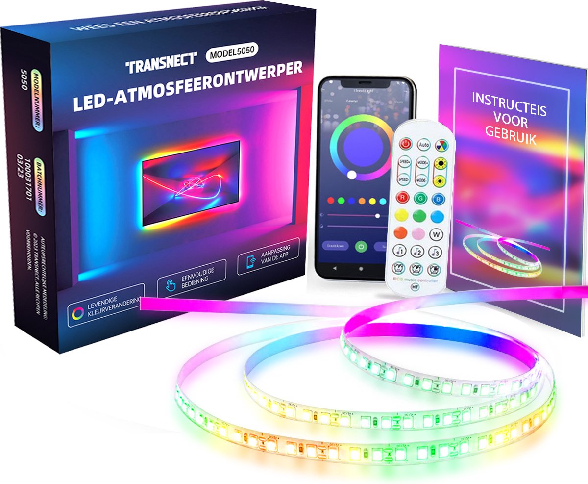 TRANSNECT ® – LED light strip 5 meter met Smart App en IR Afstandsbediening –16 Miljoen Kleur lights – One Key Muziek Sync – Zelfklevend - TRANSNECT
