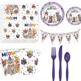 81-delige party set Happy Birthday Cats multi coloured met paars, lila en wit - kat - poes - verjaardag - happy birthday - slinger - bestek