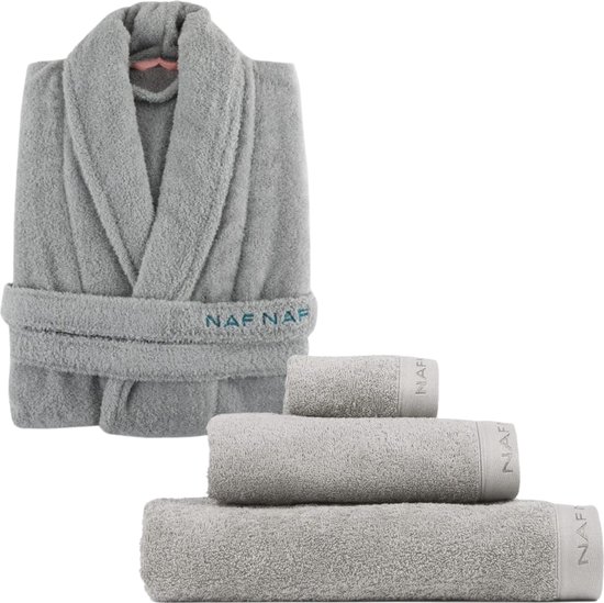 Naf Naf Luxueuse Unisex Badjas met Badset 100% Katoen - Comfortabel & Warm GRIJS MAAT M/L