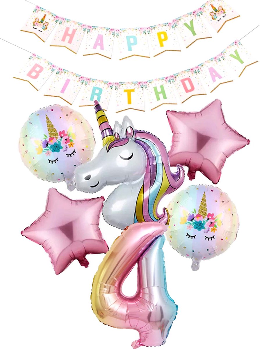 * Snoes * Cijfer 4 ballon Unicorn Plus Pack * Eenhoorn Licht Roze * DIY Slinger* Set van 7 * Grotere Ballonnen en DIY Slinger * Unicorn Licht 4 * Eerste verjaardag * Hoera 4 Jaar * Birthday * Ballon Cijfer 4
