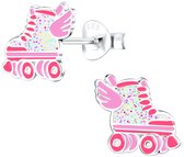 Joy|S - Zilveren rolschaats oorbellen - rollerskates oorknoppen - roze met glitter wit