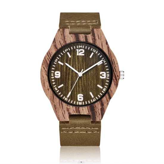 Imitatiehout Horloge - Unisex - Quartz - Polshorloge - Druksluiting - Ecologische wacht - Leren armband - Bruin