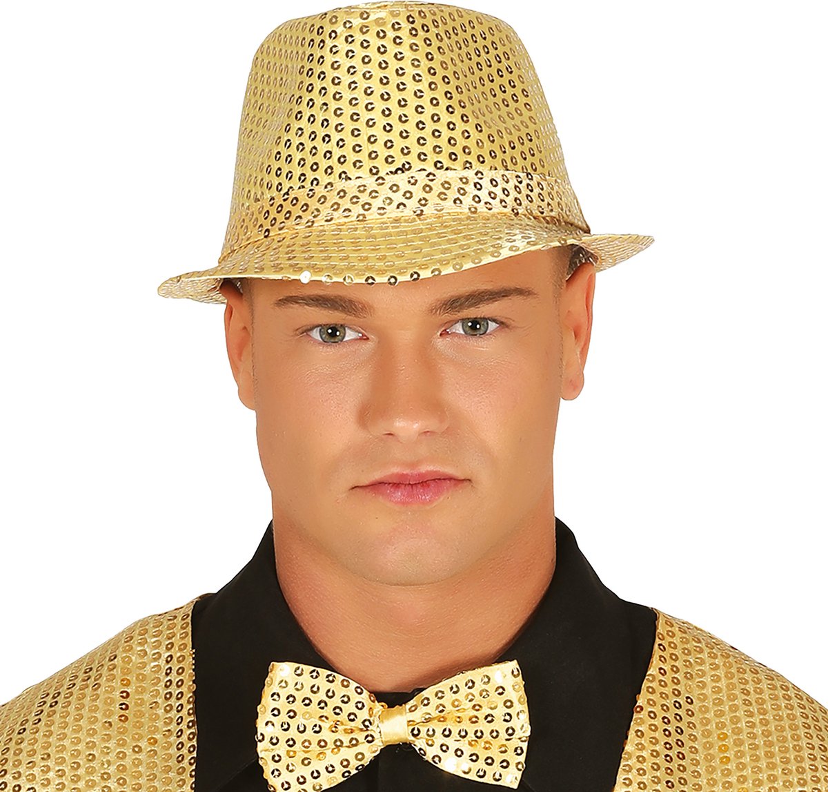 Carnaval verkleed set compleet - glitter hoedje/bretels/party bril/strikje - goud - heren/dames - verkleedkleding — afbeelding 2