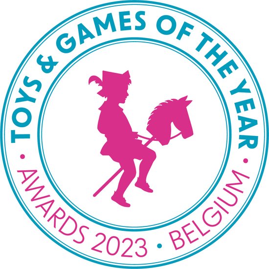 Ronde prijssticker 'Toys & Games of the Year Awards 2023 Belgium' met een silhouet van een kind op een hobbyhorse.