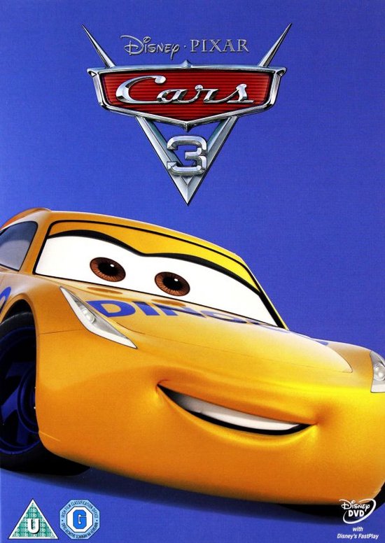 De voorkant van de Cars 3 DVD, met een gele Lightning McQueen auto.