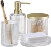 Navaris glazen badkamer accessoires set - Zeepdispenser zeepbakje beker en glazen pot met deksel - 4 delig - Geribbeld glas - Transparant/goudkleurig