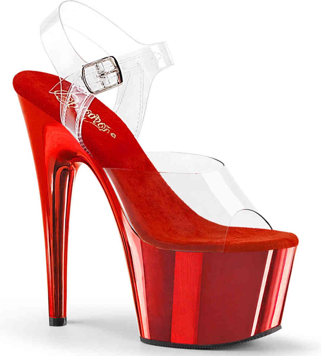 Pleaser - ADORE708 Sandaal met enkelband, Paaldans schoenen - US 5 - 35 Shoes - Rood/Transparant