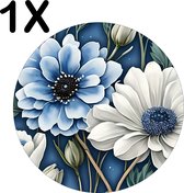 BWK Luxe Ronde Placemat - Kunstige Wit met Blauwe Bloemen - Set van 1 Placemats - 40x40 cm - 2 mm dik Vinyl - Anti Slip - Afneembaar