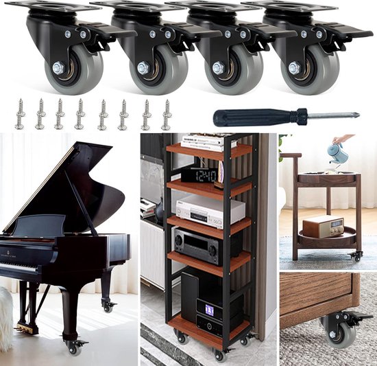 Set wielen 4 zwenkwielen met rem 200 mm massief rubber zwart met stal