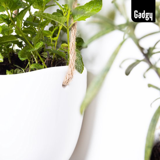 Gadgy Plantenhanger Keramiek - Set van 3 - Hangpot van Wit Steen - Hangende Bloempot Plantenpot - met 3 verschillende Koorden - 12x11x9.5CM