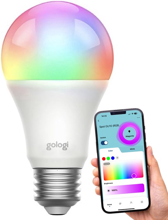 Gologi Slimme e27 bulb lamp - Smart led verlichting - Dimbaar - Wifi - 16M kleuren - RGB