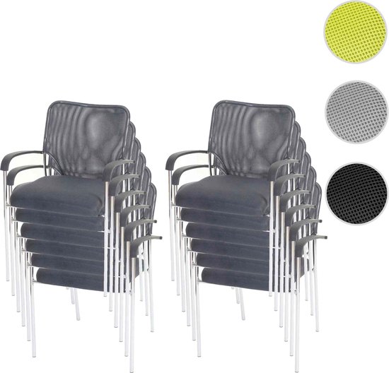 Twaalf gestapelde grijze bezoekersstoelen, met weergave van stof- en meshkleuropties.