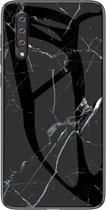 Samsung Galaxy A50 Marmer hoesje - Zwart - Wit - case - cover - TPU + Gehard Glas