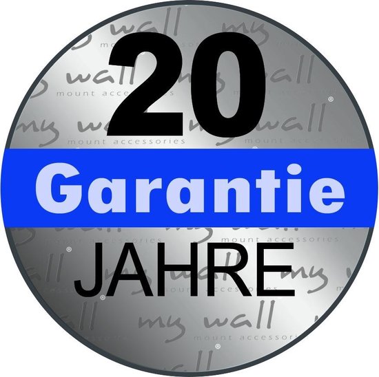 20 jaar garantie. Zwart/blauw logo met 'my wall mount accessories'.