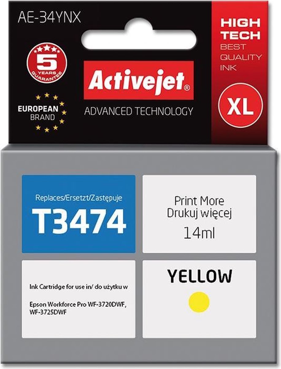 ActiveJet AE-34YNX Ink voor Epson-printer, Epson 34XL T3474-vervanging; Opperste; 14 ml; geel.