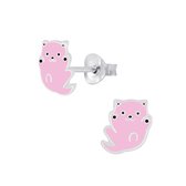 Joy|S - Zilveren kat poes oorbellen 8 mm roze
