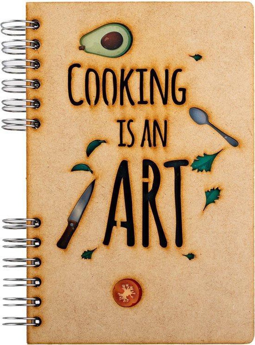 KOMONI - Duurzaam houten Notitieboek - Dagboek - Gerecycled papier - Navulbaar - A5 - Gelinieerd - Receptenboek -Cooking is an Art