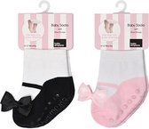Festive zwarte en roze sokjes voor baby meisje 0-12 maanden. Satijnen strikjes-Anti slip zooltjes-Kraamcadeau-Baby shower