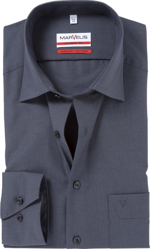 MARVELIS modern fit overhemd - antraciet grijs - Strijkvrij - Boordmaat: 39  | bol.com
