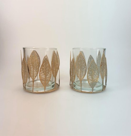 Kaarsenhouder - glas met blad frame - goud/messing - 9 cm