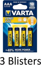 12 Stuks (3 Blisters a 4 st) Varta Longlife AAA Alkaline Batterij