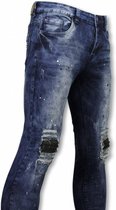 Exclusieve Biker Jeans - Slim Fit Damaged Knee With Paint Drops - Blauw