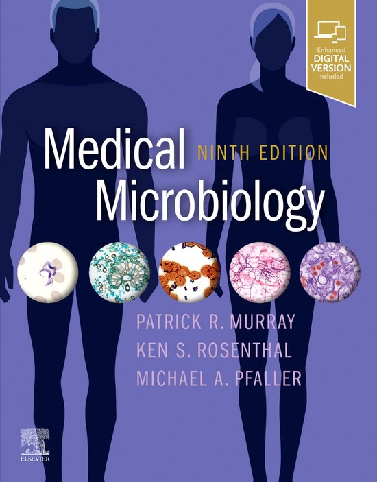 Neuvième édition de Medical Microbiology avec des images de cellules et de micro-organismes. "Enhanced DIGITAL VERSION Included" est visible.