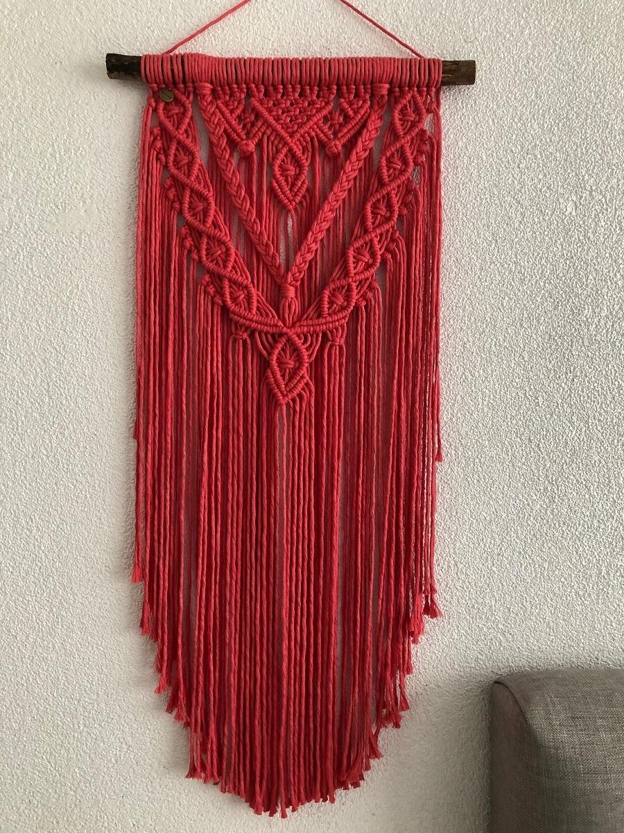 Muurdecoratie - macrame - macramé - 192 watermeloen roze - handgemaakt - knopen - touw - wanddecoratie, wandkleed