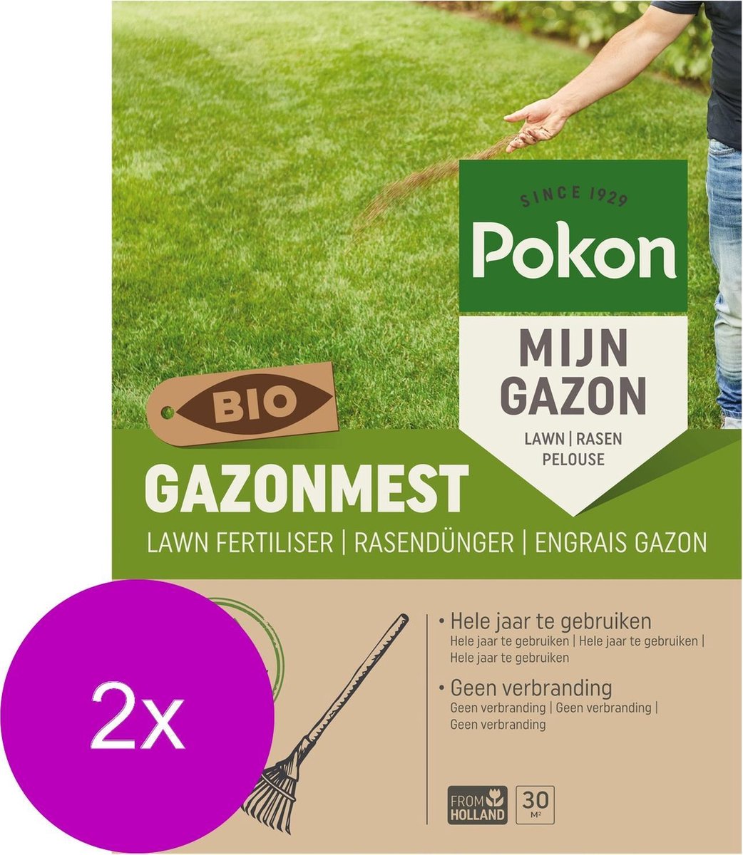 Pokon Bio Gazonmest - 2 x 2kg - Mest - Geschikt voor 2 x 30m² - 120 dagen biologische voeding