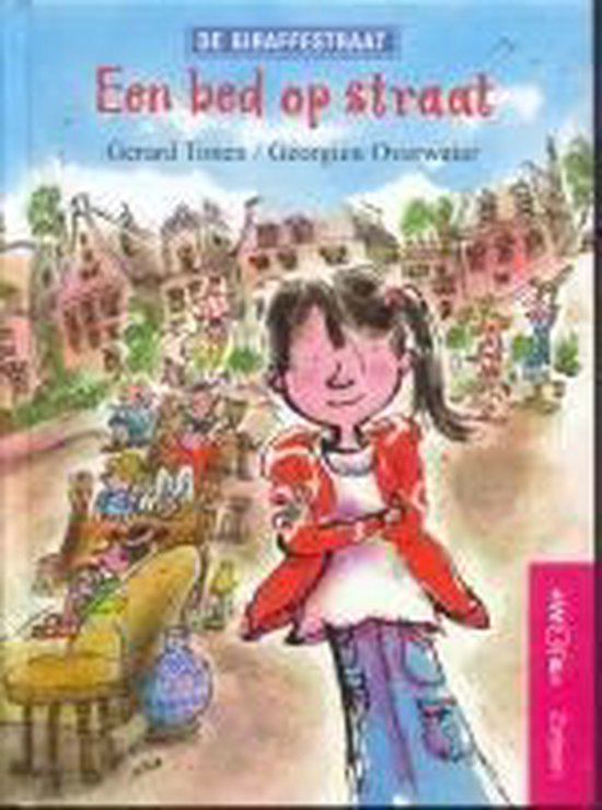 Een meisje met donker haar in staartjes, een witte top en een rode jas, staat voor een straat vol met huizen en mensen.