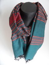 Sjaal strepen lengte 180 cm breedte 70 cm kleuren groen oranje rood bruin zwart franjes.