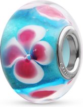 Quiges - Glazen - Kraal - Bedels - Beads Baby Blauw met Roze Bloemen Past op alle bekende merken armband NG2031