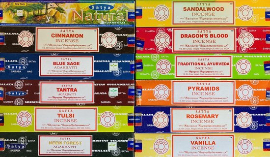 Assortiment d'encens Satya 12 variétés (12 paquets X 15g) + porte