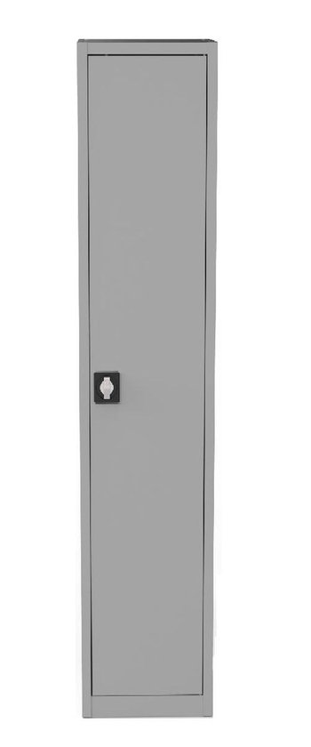 Grijze metalen archiefkast met één deur en een zwart handvat.
