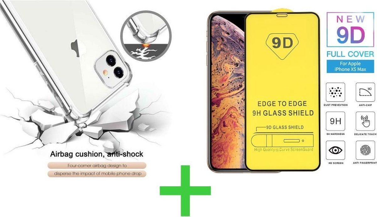 iPhone 11 pro Max Hoesje - Transparant Anti Shock verstevigd Achterkant Case Backcover + 2 Tempered 9D screenprotector Full Cover Bescherm Glas voor iPhone 11proMax