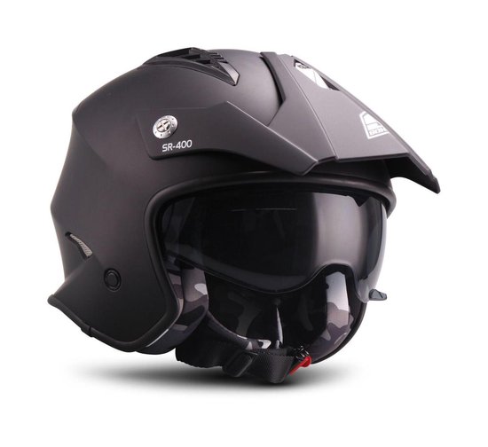 SOXON SR-401 Mono BLACK - Zwarte jethelm, scooter helm, motorhelm dames, heren met zonnescherm en vizier, hoofdomtrek 53-54 cm Small S