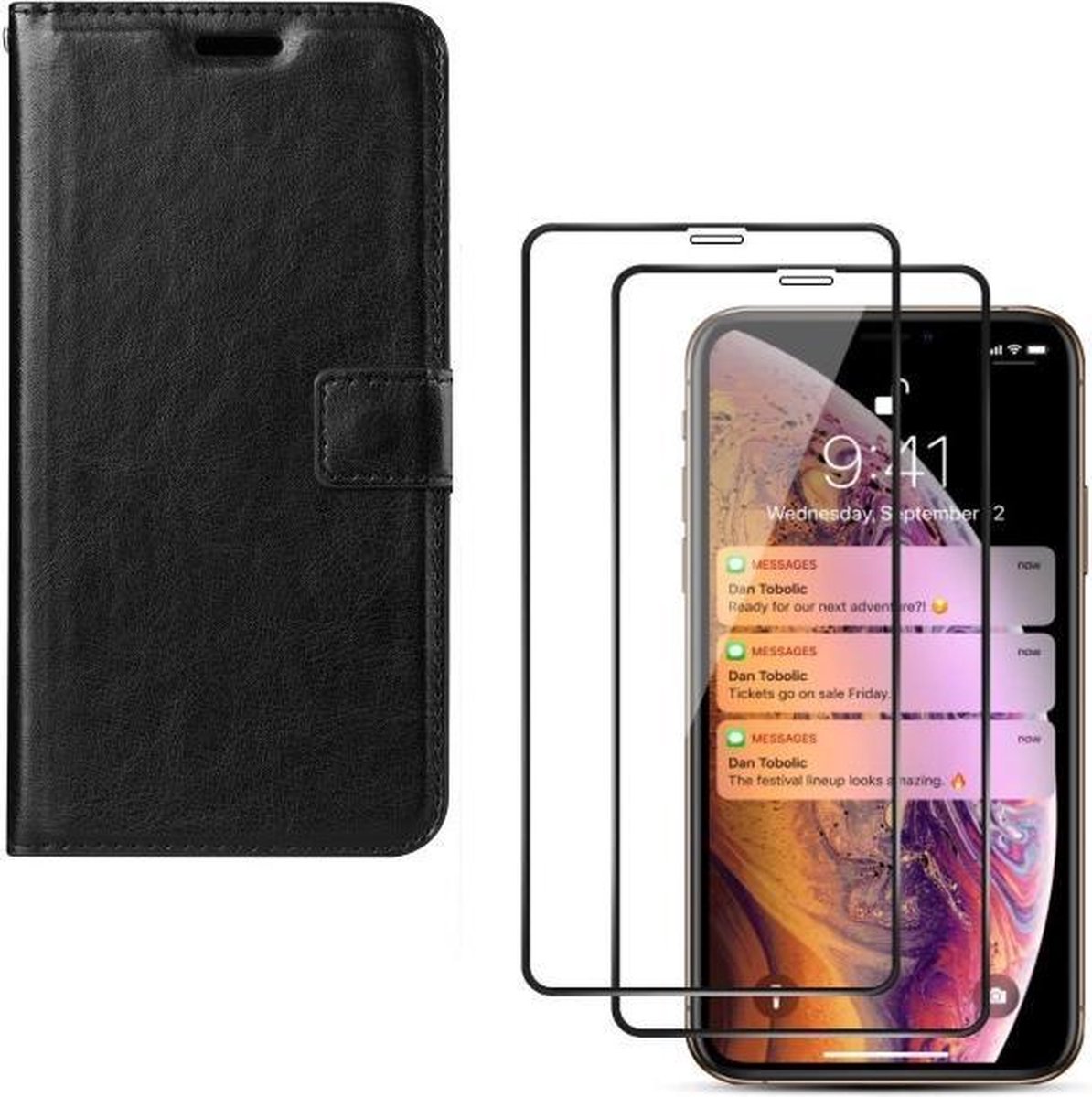 Bookcase Geschikt voor: iPhone XR - zwart - Portemonnee hoesje + 2X Full cover Tempered Glass Screenprotector