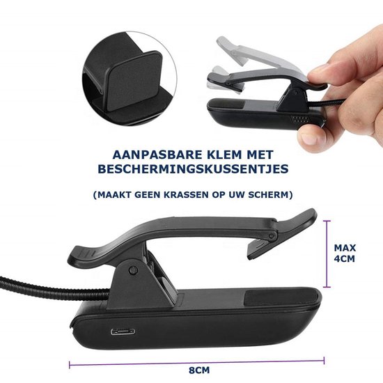 Premium LED Leeslampje voor Boek of E-reader – Extra Brede Lichtbundel - Klemlampje – Bedlampje – USB – Zwart – Accu voor 70 uur – Incl. USB kabel