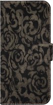Made-NL Handmade Echt Leer Book Case Voor Apple iPhone 7/8 Donkerblauw leder met grijze bloemen.