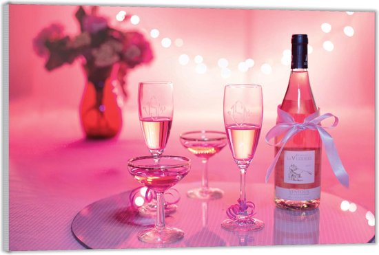 Acrylglas –Roze Wijnfles met Glazen– 120x80 (Wanddecoratie op Acrylglas)