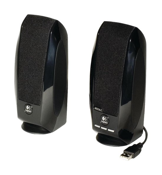 Zwarte Logitech speakers, de rechter met USB-kabel en bedieningsknoppen.