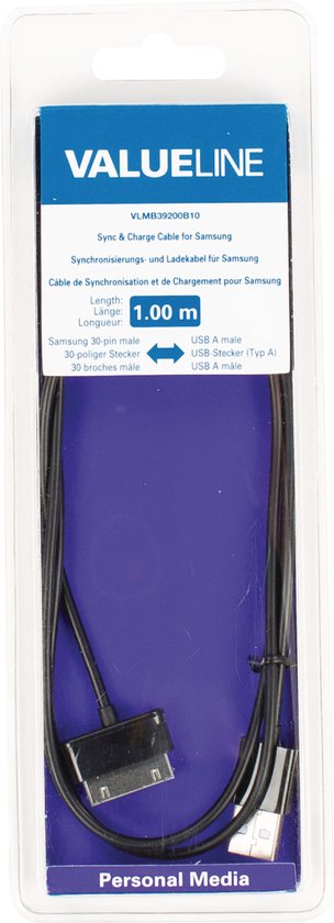 Data en Oplaadkabel Samsung 30-Pins Male - USB A Male 1.00 m Zwart - Valueline