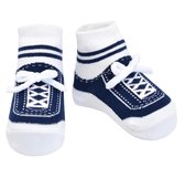 Stepping Out Sneaker sokjes-donker blauw- voor baby 0-12 maanden.  Witte vetertjes-Anti slip zooltjes-Kraamcadeau-Baby shower